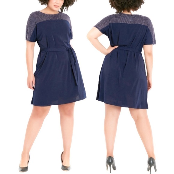 Evans Sparkle Yoke Navy Knee Length Dress  (K97-9) - Picture 1 of 6